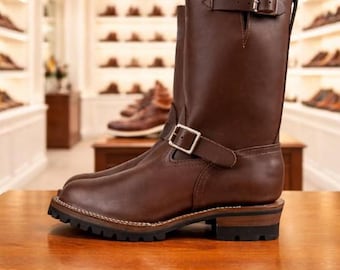 Botas de motorista de cuero vintage hechas a mano, botas de montar a media pantorrilla, botas de trabajo duraderas, regalo de cumpleaños de lujo estilo retro para motociclistas