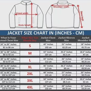 Puede incluir: Tabla de tallas de chaquetas en pulgadas y cent&iacute;metros. La tabla incluye medidas de pecho, mangas y hombros. Las tallas van de la S a la 4XL, con las medidas correspondientes.