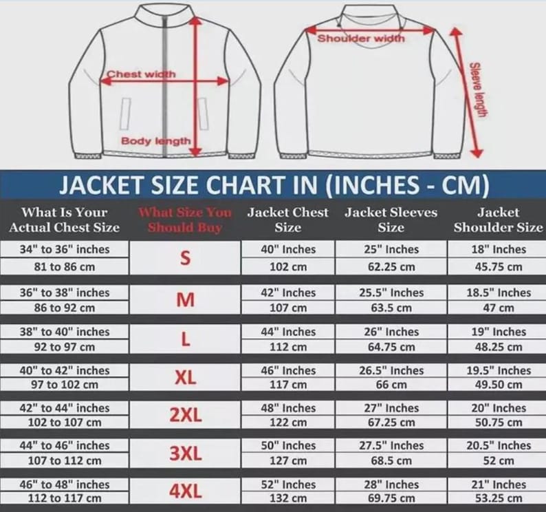 Puede incluir: Tabla de tallas de chaquetas en pulgadas y cent&iacute;metros. La tabla incluye medidas de pecho, mangas y hombros. Las tallas van de la S a la 4XL, con las medidas correspondientes.