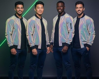 Chaqueta bomber reflectante holográfica | Abrigo urbano iridiscente arcoíris | Prenda de abrigo unisex para festivales y raves