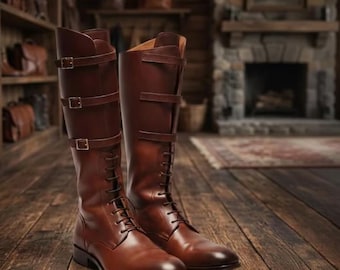 Botas de montar de cuero marrón hechas a mano para hombre – Botas ecuestres altas de estilo vintage – Botas con cordones – Botas medievales renacentistas – (con calcetines de regalo)