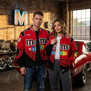 May include: Red and black M&M's racing jackets featuring the M&M's logo and colourful candies. The jackets have a classic racing design with the number 3 on the sleeve. A man and a woman are wearing the jackets in front of a red car.