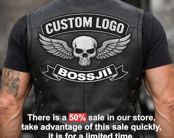 Chaleco de motociclista de cuero negro para hombre con logo personalizado, chaleco de moto con parche de calavera y encaje lateral, chaleco de montar hecho a mano
