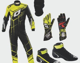 Conjunto de traje de carreras OMP negro y amarillo | Traje ignífugo para deportes de motor, guantes de carreras, pasamontañas, zapatos de carreras, equipamiento para karting