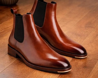 Botines Chelsea marrones hechos a mano para hombre | Botines de cuero bruñido + par de calcetines de regalo