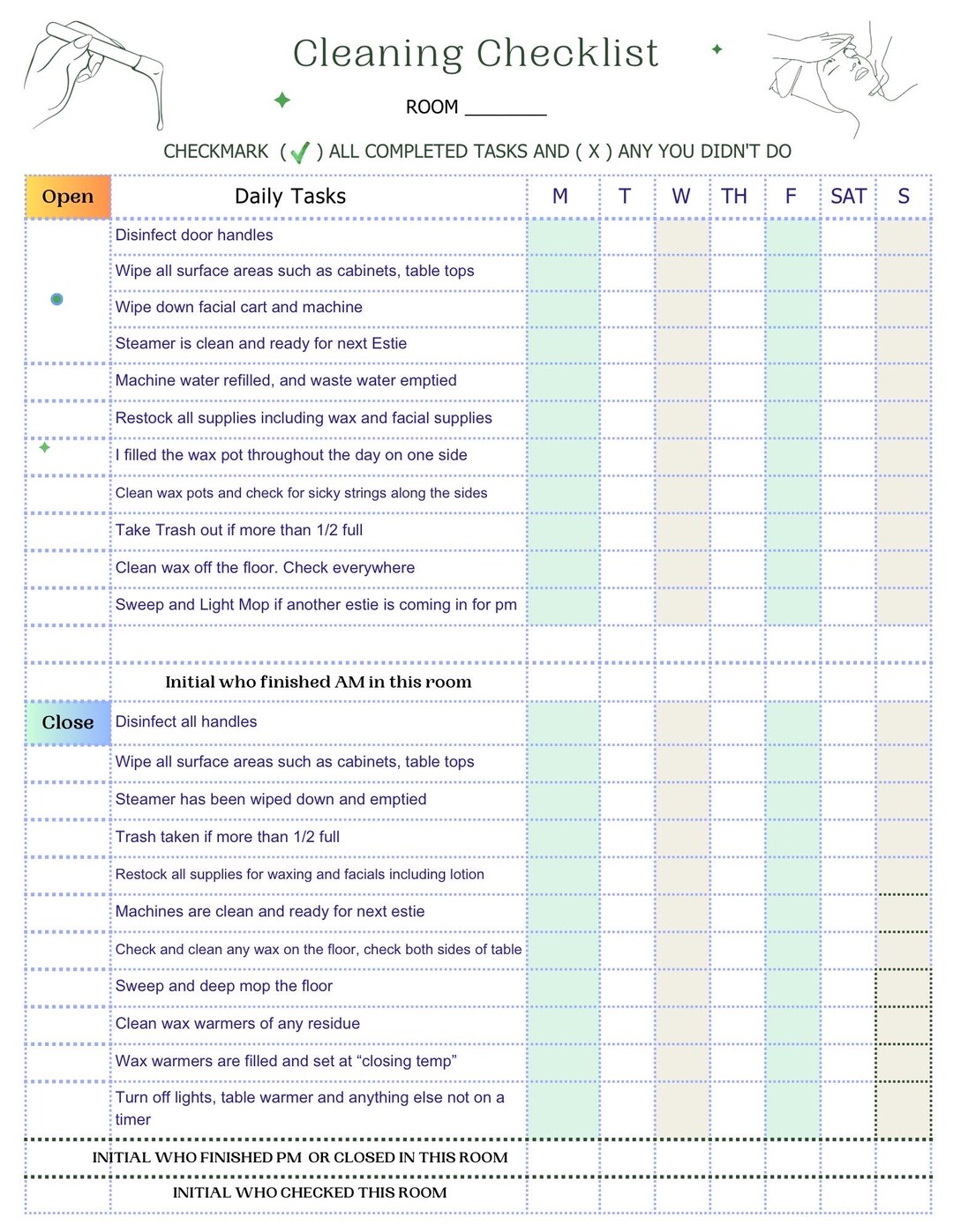 Am Checklist Lettering Esthetician Treament Room Checklist- for AM PM Shifts - Etsy
