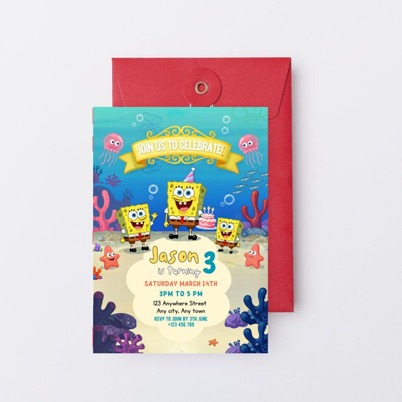 Pode incluir: Um convite de anivers&aacute;rio colorido com personagens do Bob Esponja. O convite inclui o texto "JOIN US TO CELEBRATE!" e detalhes da festa para "Jason", incluindo data, hora e local. O convite &eacute; combinado com um envelope vermelho.