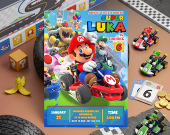 Invitación de cumpleaños de Super Mario / Plantilla editable de Canva / Descarga digital imprimible / Invitación de fiesta de Mario para niños y niñas / Colorida