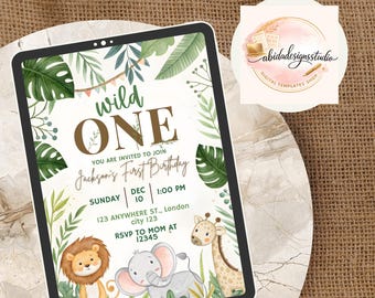 Safari Primer Cumpleaños Evite, Salvaje Cumpleaños, Invitación Digital para Primer Cumpleaños, Jungle Primer Cumpleaños Evite, Fiesta de Animales de la Jungla Canva