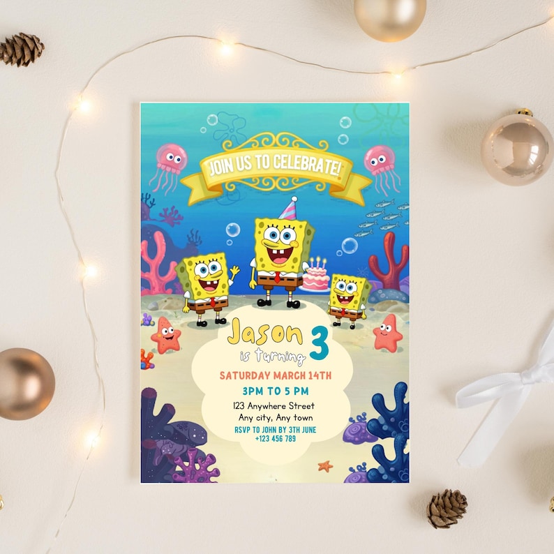 Pode incluir: Um convite colorido para uma festa de anivers&aacute;rio com personagens do Bob Esponja. O convite inclui o texto "Join Us to Celebrate!" e detalhes para uma festa de terceiro anivers&aacute;rio, incluindo a data, hora e local.
