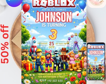 Invitación de Roblox, fiesta de juegos, plantilla de invitación de cumpleaños para chicos de Roblox, cumpleaños de juegos, Roblox para niños, plantilla editable, Canva