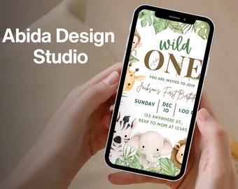 Safari Primer Cumpleaños Móvil Evite, Salvaje Cumpleaños, Invitación Digital Móvil para Primer Cumpleaños, Jungle Primer Cumpleaños Evite, Fiesta de Animales de la Jungla