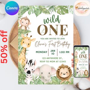 Puede incluir: Una invitación digital para una fiesta de primer cumpleaños con temática de jungla. El diseño presenta un mono, una jirafa, una cebra, un elefante y un león. El texto dice "Wild One" e incluye detalles de la fiesta.