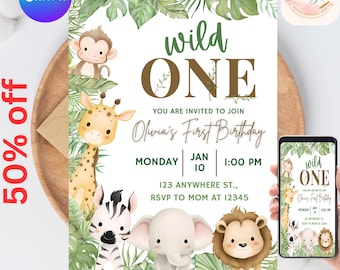 Safari Primer Cumpleaños Evite, Cumpleaños Salvaje, Invitación Digital para Primer Cumpleaños, Jungle Primer Cumpleaños Evite, Fiesta de Animales de la Jungla