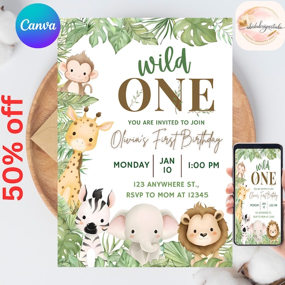 Safari First Birthday Evite, Wild One Birthday, 1st Birthday Digital Invite, Jungle First Birthday Evite, Jungle Animals Party