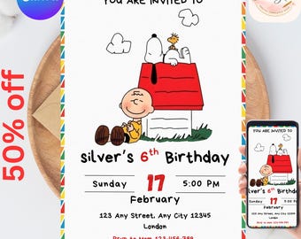 Invitación de cumpleaños de Snoopy, editable en Canva, fiesta de cumpleaños de Peanuts, invitación de Snoopy, tarjeta de invitación de los amigos de Peanuts, fiesta de Peanuts