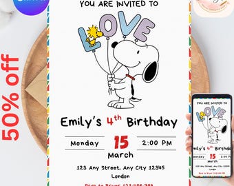 Invitación de cumpleaños de Snoopy, editable en Canva, fiesta de cumpleaños de Peanuts, invitación de Snoopy, tarjeta de invitación de amigos de Peanuts, fiesta de Peanuts