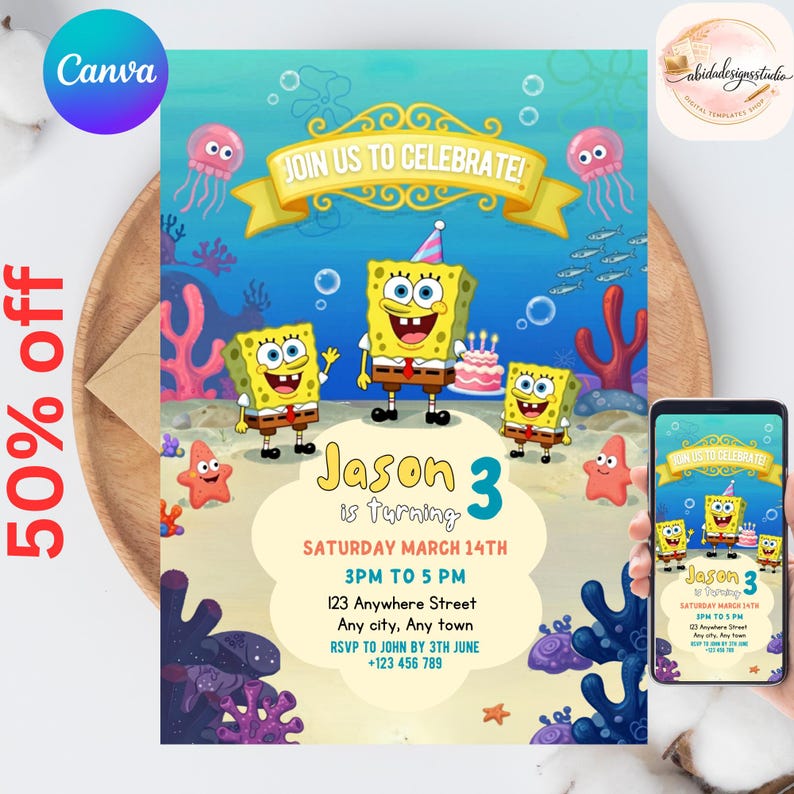 Pode incluir: Um convite digital com personagens do Bob Esponja. O design inclui o texto "Join Us To Celebrate!" e detalhes para uma festa de anivers&aacute;rio, incluindo o nome "Jason", a idade "3", a data, a hora e o local. Um telem&oacute;vel exibe o convite.