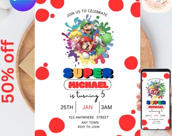 Invitación de cumpleaños de Mario Bros.: Plantilla editable de Canva (descarga digital)