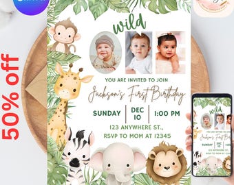 Safari Primer Cumpleaños E-mail, Salvaje Cumpleaños, Invitación Digital para Primer Cumpleaños, E-mail de Primer Cumpleaños en la Jungla, Fiesta de Animales de la Jungla con Foto