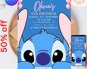 Invitación de cumpleaños de Stitch y Angel, invitación de cumpleaños de Stitch editable, invitación digital para fiesta, invitación de cumpleaños de Stitch imprimible