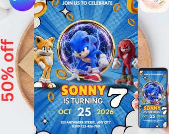 Invitación de cumpleaños de Sonic para fiesta infantil, invitación para fiesta de Sonic el Erizo, cumpleaños editable de Sonic 3 para niñas, descarga instantánea