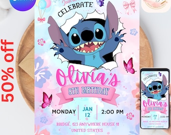 Invitación de cumpleaños de Stitch y Ángel, invitación de cumpleaños de Stitch editable, invitación digital para fiesta, invitación imprimible para fiesta de cumpleaños de Stitch