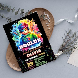 May include: A black invitation card with the Roblox logo and a colorful illustration of a Roblox character. The card reads "Join us to celebrate! Olivia is turning three!" with event details.