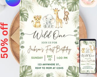 Safari Primer Cumpleaños Evite, Salvaje Cumpleaños, Invitación Digital para Primer Cumpleaños, Jungle Primer Cumpleaños Evite, Fiesta de Animales de la Jungla Canva