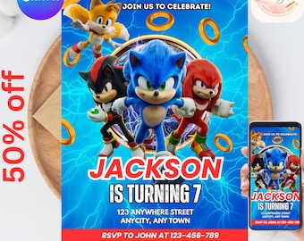 Invitación de cumpleaños de Sonic para fiesta infantil, invitación para fiesta de Sonic el Erizo, cumpleaños editable de Sonic 3 para niñas, descarga instantánea