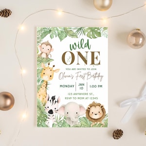 K&ouml;nnte beinhalten: Eine Wild One-Geburtstagseinladung mit Dschungeltieren wie Affe, Giraffe, Zebra, Elefant und L&ouml;we. Die Einladung enth&auml;lt den Text "wild ONE" und Details f&uuml;r Olivias ersten Geburtstag: Datum, Uhrzeit und Ort.