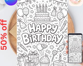 Tarjeta de cumpleaños para colorear DIGITAL / Tarjeta de felicitación para colorear para niños / Descarga instantánea / Archivo imprimible EDITABLE