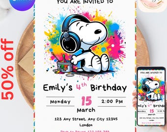 Invitación de cumpleaños de Snoopy, editable en Canva, fiesta de cumpleaños de Peanuts, invitación de Snoopy, tarjeta de invitación de amigos de Peanuts, fiesta de Peanuts