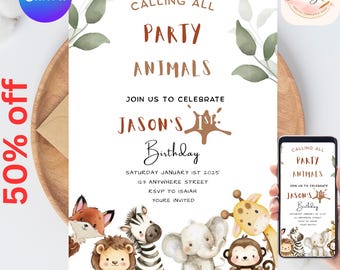 Safari Primer Cumpleaños Evite, Salvaje Cumpleaños, Invitación Digital para Primer Cumpleaños, Jungle Primer Cumpleaños Evite, Fiesta de Animales de la Jungla Canva