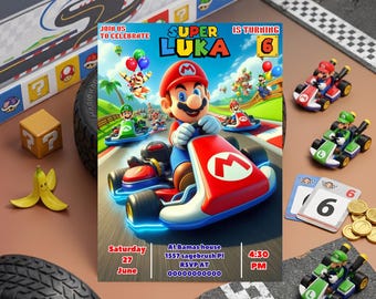 Invitación de cumpleaños de Super Mario / Plantilla editable de Canva / Descarga digital imprimible / Invitación de fiesta de Mario para niños y niñas / Colorida