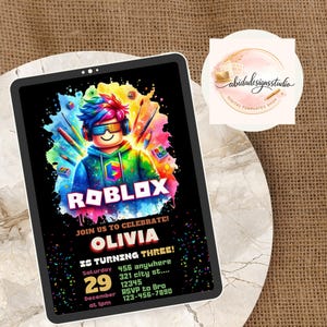 May include: A digital invitation for a Roblox-themed birthday party. The design features a colorful Roblox character with the game's logo. The invitation includes the name "Olivia", date, time, and RSVP information.