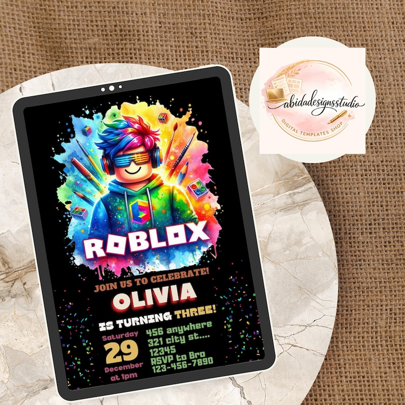 May include: A digital invitation for a Roblox-themed birthday party. The design features a colorful Roblox character with the game's logo. The invitation includes the name "Olivia", date, time, and RSVP information.
