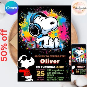 May include: A black invitation featuring Snoopy wearing headphones, with colorful paint splatter accents. The invitation reads "Join us to celebrate! Oliver is turning one!" with event details. A phone displays the same design.