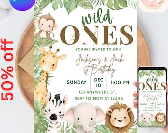 Safari Erster Geburtstag Zwillinge Evite, Wild One Geburtstag, 1. Geburtstag Digital einladen, Dschungel Erster Geburtstag Evite, Dschungeltier-Party