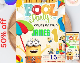 Invitación editable para fiesta de cumpleaños en la piscina con adorables personajes amarillos / Plantilla Canva / Descarga instantánea