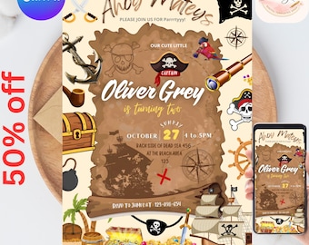 Invitación de cumpleaños pirata, invitación pirata, invitación para fiesta pirata infantil "Ahoy Matey", invitación para niño pirata, plantilla editable de Canva