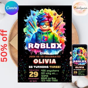 May include: A black Roblox-themed birthday invitation with a colorful graphic of a Roblox character. The invitation includes the text "Join us to celebrate! Olivia is turning three!" and event details. A phone displays the same design.