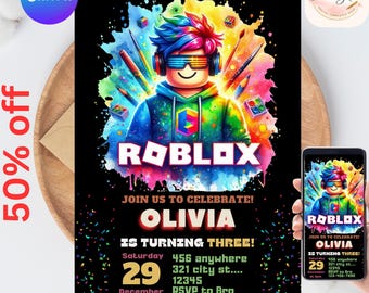 Invitación de Roblox, fiesta de juegos, plantilla de invitación de cumpleaños para chicos de Roblox, cumpleaños de juegos, Roblox para niños, plantilla editable, Canva