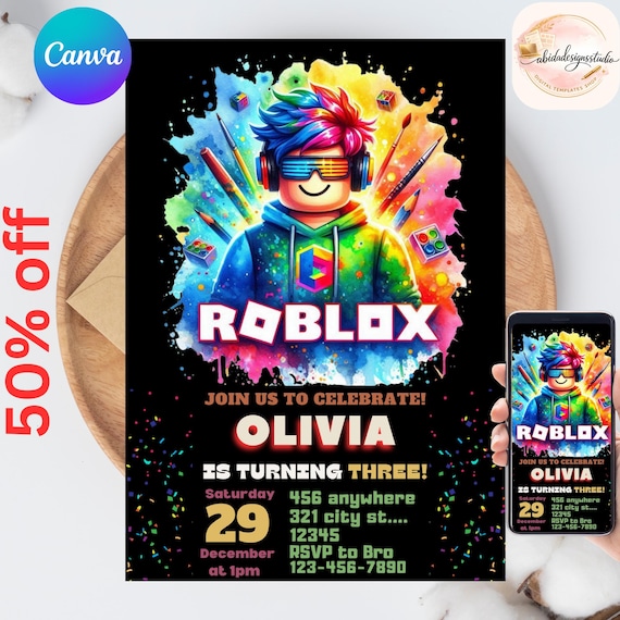 Roblox Invitation, Roblox Invite, Game Party, Roblox Boys Birthday Invitation Template, Game Birthday, Kids Roblox, Editable Template, Canva