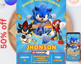 Invitación de cumpleaños de Blue Hedgehog, invitación para fiesta de Super Hedgehog Boys, invitación para fiesta de Super Sonic Boys, Sonic, plantilla de Canva, Blue Speedster