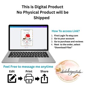 Pode incluir: Um laptop exibindo um convite digital de anivers&aacute;rio com Snoopy e Woodstock. A imagem inclui instru&ccedil;&otilde;es sobre como acessar o produto digital, juntamente com o texto "This is Digital Product, No Physical Product will be Shipped."