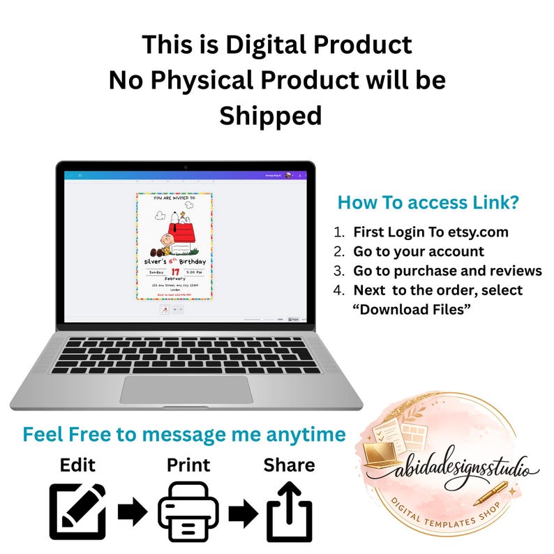 Pode incluir: Um laptop exibindo um convite digital de anivers&aacute;rio com Snoopy e Woodstock. A imagem inclui instru&ccedil;&otilde;es sobre como acessar o produto digital, juntamente com o texto "This is Digital Product, No Physical Product will be Shipped."