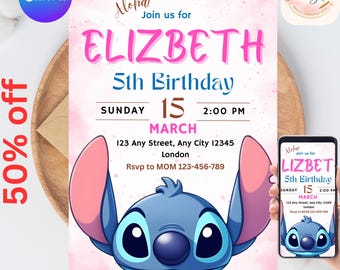 Plantilla de invitación de cumpleaños de Stitch: Invitación imprimible para fiesta infantil (descarga digital)