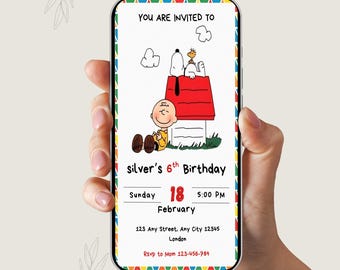 Invitación móvil de cumpleaños de Snoopy, editable en Canva, fiesta de cumpleaños de Peanuts, invitación de Snoopy, invitación para amigos de Peanuts, fiesta de Peanuts