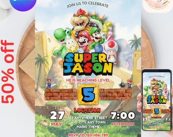 Invitación de cumpleaños de Super Mario / Plantilla editable de Canva / Descarga digital imprimible / Invitación de fiesta de Mario para niños y niñas / Colorida